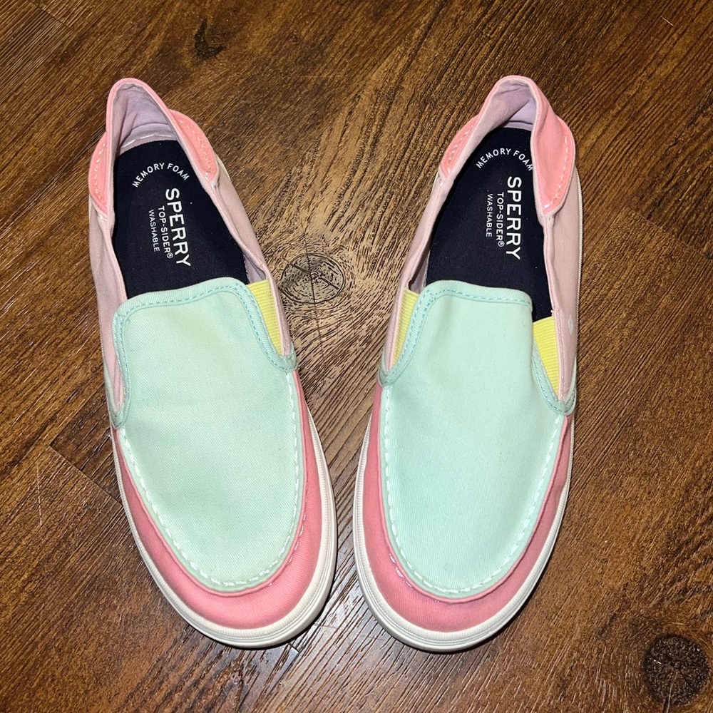Sperry Colorblock Pink Green Pastel Canvas Slip On Memory Foam Loafers Size 6 - Picture 1 of 11